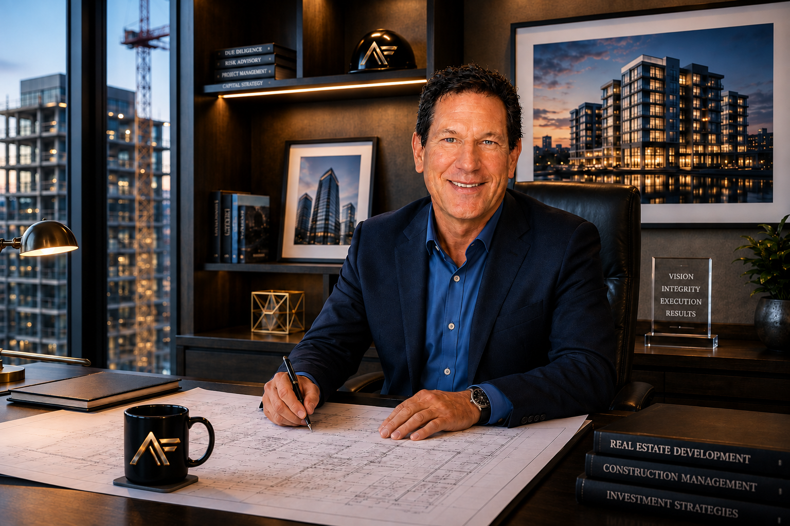 Anthony Fond reviewing construction plans in an executive office